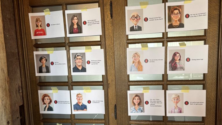 Das Bild zeigt Avatare mit fiktiven Netflix-Titeln der Mitarbeitenden