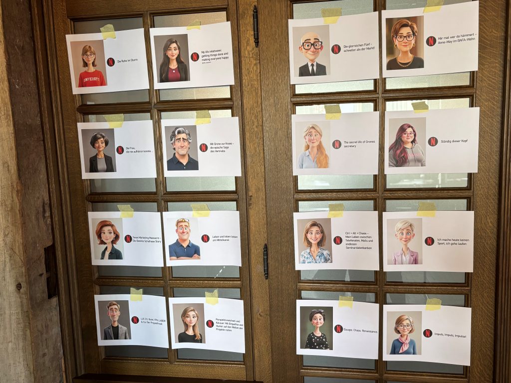 Das Bild zeigt Avatare und fiktive Netflix-Titel der Grone-Mitarbeitenden